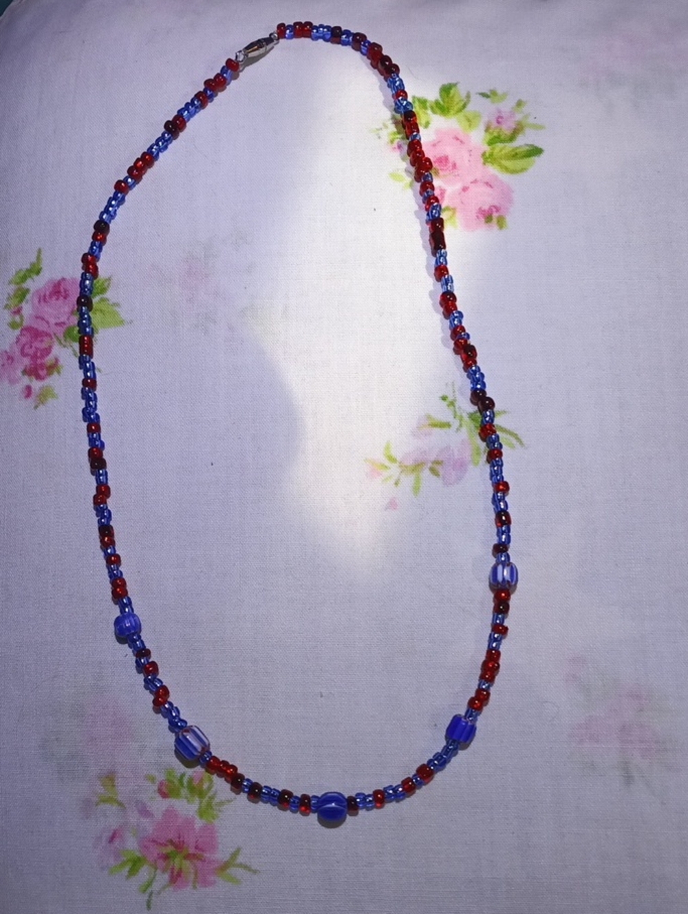 Blue & Red Glass Bead Necklace 20" - Classic Beaded Style
